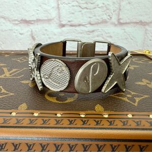 RARE Louis Vuitton Silver Brown Leather Removable Charm Bracelet